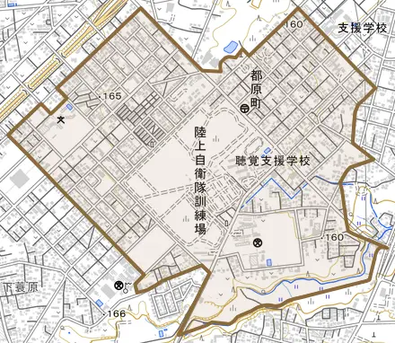 都原町とその周辺の地図。町の範囲を重ねている