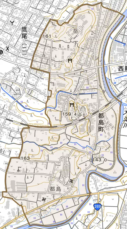 都島町とその周辺の地図。町の範囲を重ねている