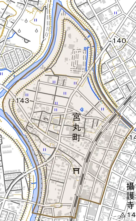 宮丸町とその周辺の地図。町の範囲を重ねている