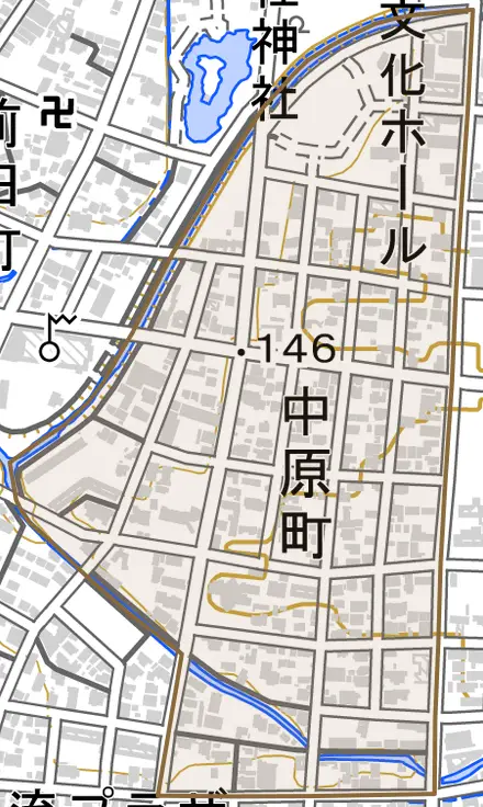 中原町とその周辺の地図。町の範囲を重ねている
