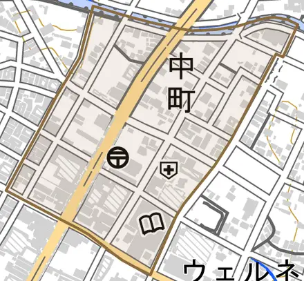 中町とその周辺の地図。町の範囲を重ねている