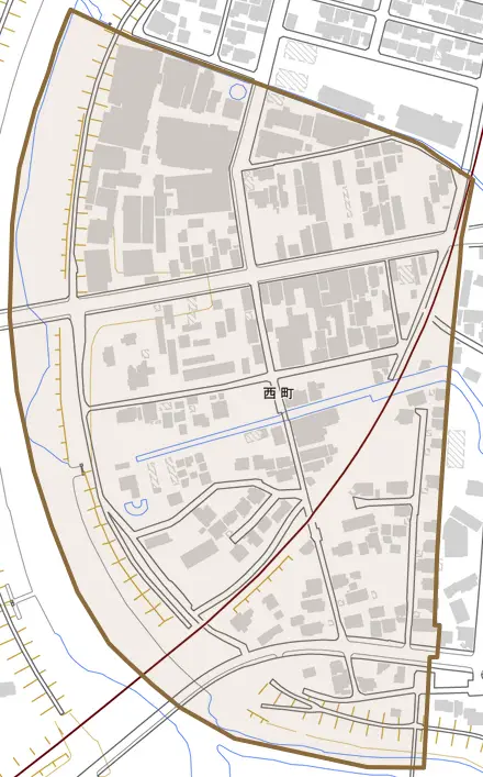 西町とその周辺の地図。町の範囲を重ねている