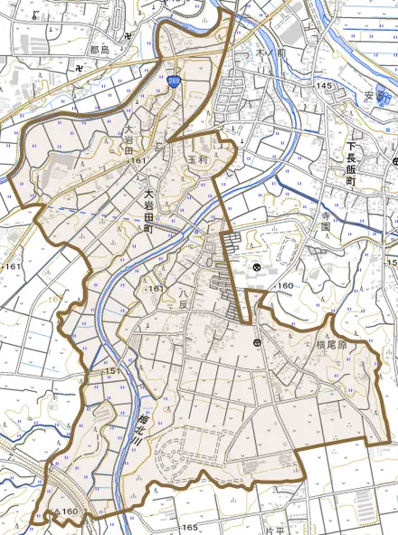 大岩田町とその周辺の地図。町の範囲を重ねている