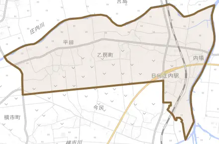 乙房町とその周辺の地図。町の範囲を重ねている