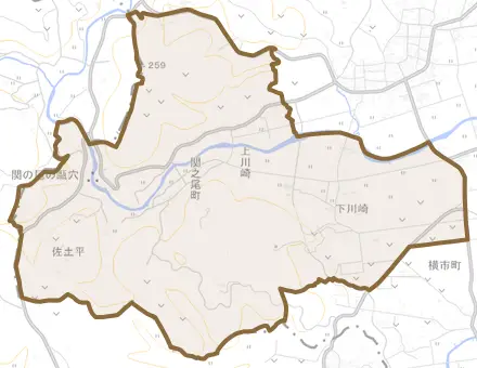 関之尾町とその周辺の地図。町の範囲を重ねている