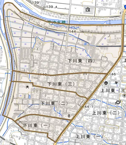 下川東とその周辺の地図。町の範囲を重ねている
