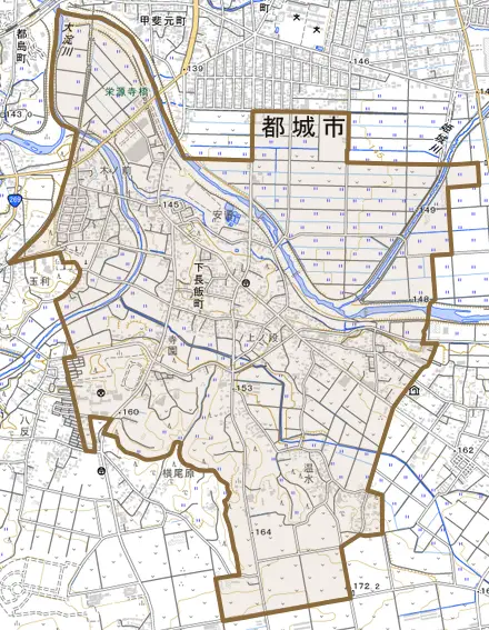 下長飯町とその周辺の地図。町の範囲を重ねている
