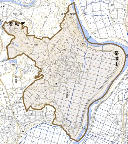 下水流町とその周辺の地図。町の範囲を重ねている
