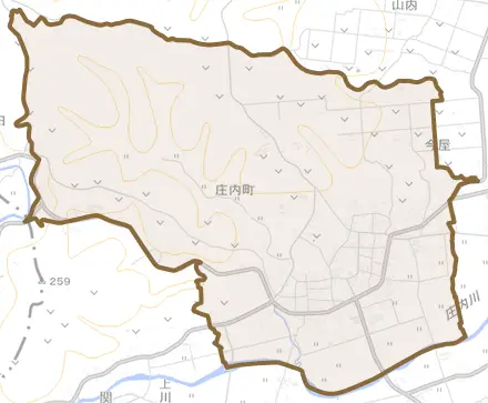 庄内町とその周辺の地図。町の範囲を重ねている