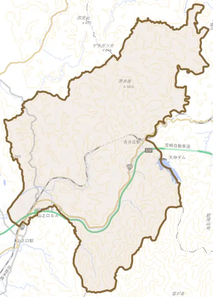 山之口町山之口とその周辺の地図。町の範囲を重ねている