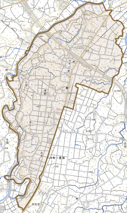 今町とその周辺の地図。町の範囲を重ねている