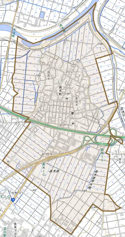 高木町とその周辺の地図。町の範囲を重ねている
