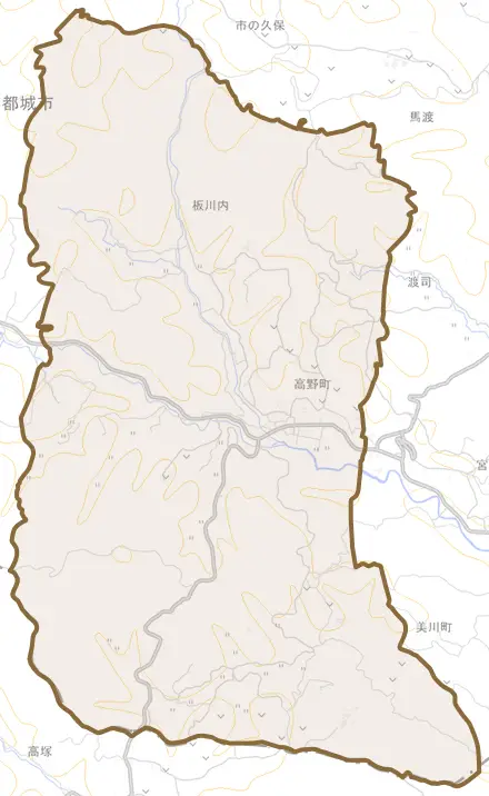 高野町とその周辺の地図。町の範囲を重ねている