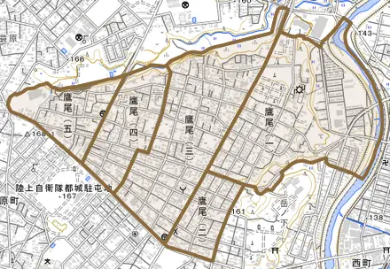 鷹尾とその周辺の地図。町の範囲を重ねている