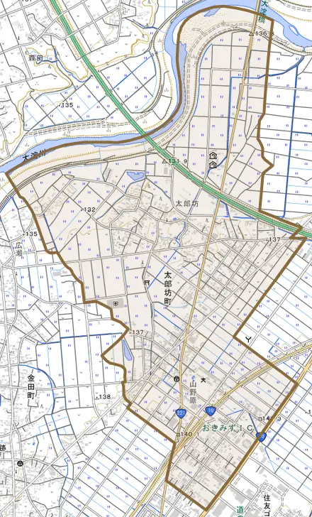 太郎坊町とその周辺の地図。町の範囲を重ねている