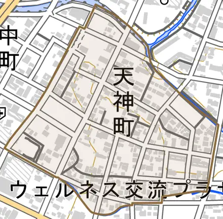 天神町とその周辺の地図。町の範囲を重ねている