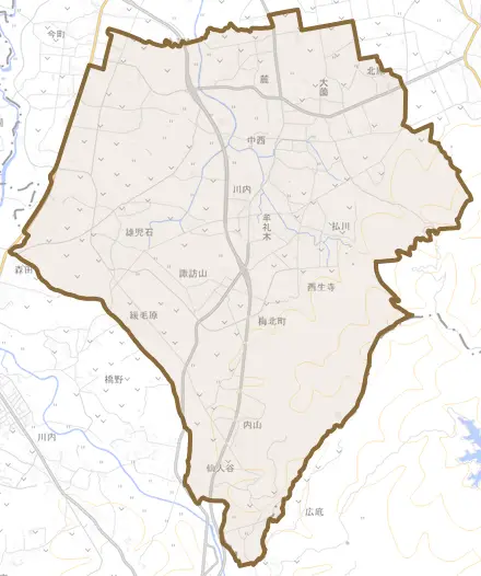 梅北町とその周辺の地図。町の範囲を重ねている