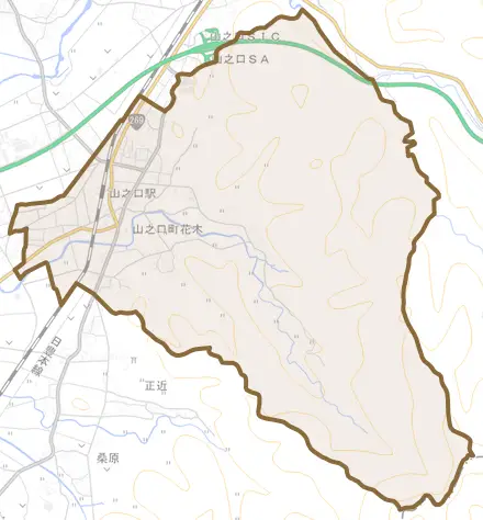 山之口町花木とその周辺の地図。町の範囲を重ねている
