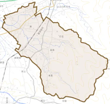 山之口町富吉とその周辺の地図。町の範囲を重ねている