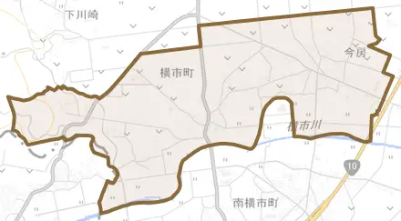 横市町とその周辺の地図。町の範囲を重ねている