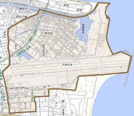 大字赤江とその周辺の地図。町の範囲を重ねている