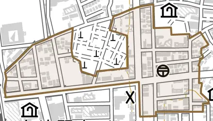青葉町とその周辺の地図。町の範囲を重ねている