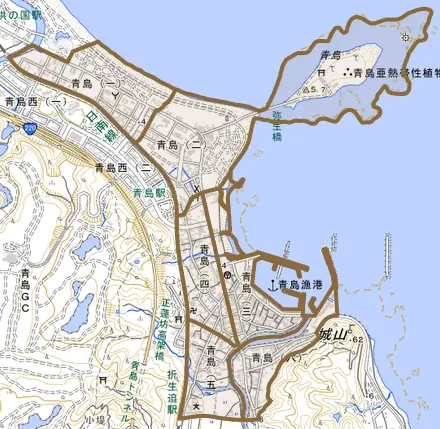 青島とその周辺の地図。町の範囲を重ねている
