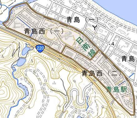 青島西とその周辺の地図。町の範囲を重ねている