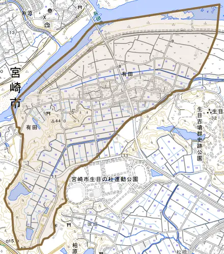 大字有田とその周辺の地図。町の範囲を重ねている