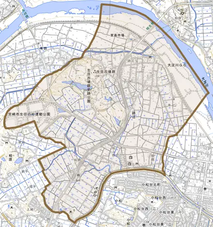 大字跡江とその周辺の地図。町の範囲を重ねている