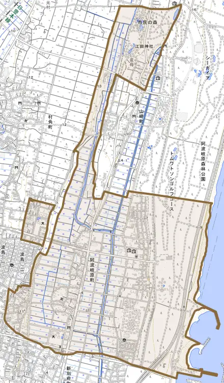 阿波岐原町とその周辺の地図。町の範囲を重ねている