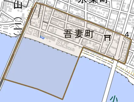 吾妻町とその周辺の地図。町の範囲を重ねている