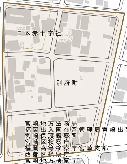 別府町とその周辺の地図。町の範囲を重ねている