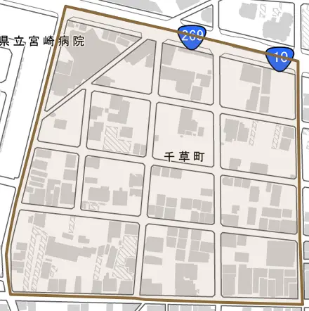 千草町とその周辺の地図。町の範囲を重ねている
