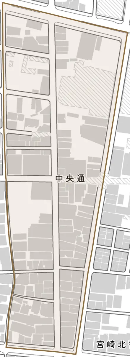 中央通とその周辺の地図。町の範囲を重ねている