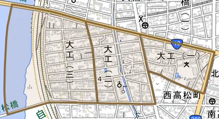 大工とその周辺の地図。町の範囲を重ねている
