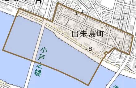 出来島町とその周辺の地図。町の範囲を重ねている