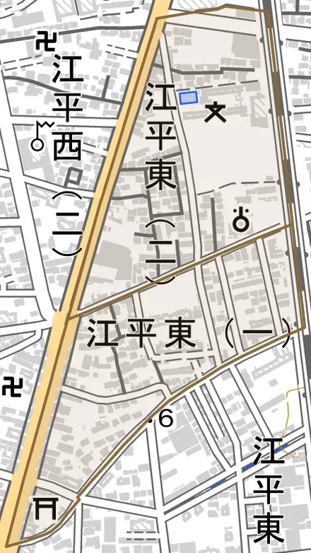 江平東とその周辺の地図。町の範囲を重ねている