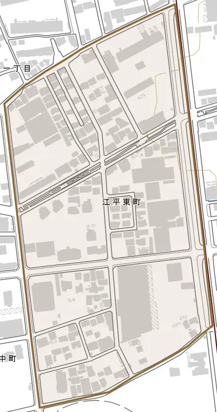 江平東町とその周辺の地図。町の範囲を重ねている