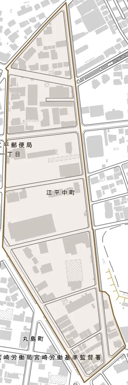 江平中町とその周辺の地図。町の範囲を重ねている