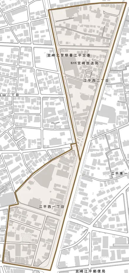 江平西とその周辺の地図。町の範囲を重ねている