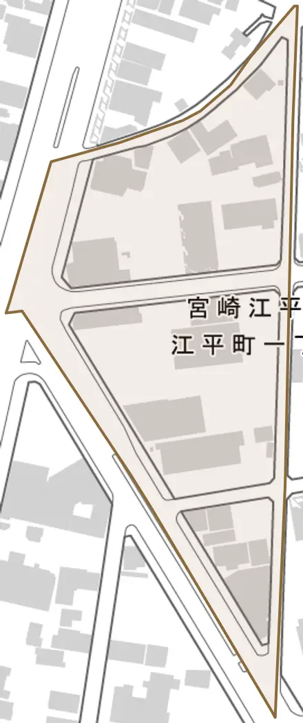 江平町とその周辺の地図。町の範囲を重ねている