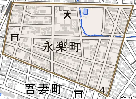 永楽町とその周辺の地図。町の範囲を重ねている