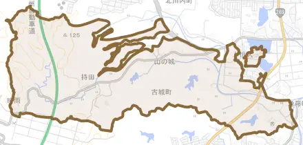 古城町とその周辺の地図。町の範囲を重ねている