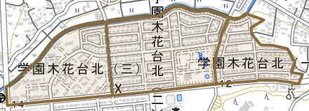 学園木花台北とその周辺の地図。町の範囲を重ねている
