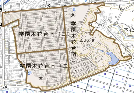 学園木花台南とその周辺の地図。町の範囲を重ねている