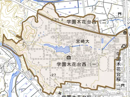 学園木花台西とその周辺の地図。町の範囲を重ねている