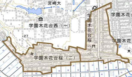 学園木花台桜とその周辺の地図。町の範囲を重ねている
