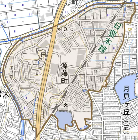 源藤町とその周辺の地図。町の範囲を重ねている