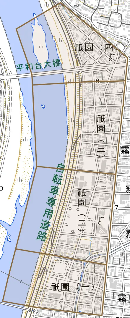 祇園とその周辺の地図。町の範囲を重ねている